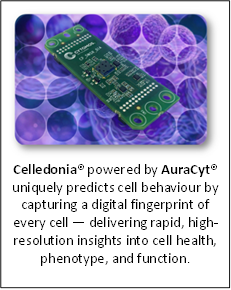  
Celledonia® powered by AuraCyt® uniquely predicts cell behaviour by capturing a digital fingerprint of every cell — delivering rapid, high-resolution insights into cell health, phenotype, and function.
 - Description: Text Box 2