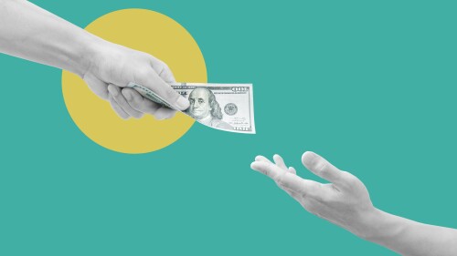 Digital collage modern art. Hand giving and receiving money