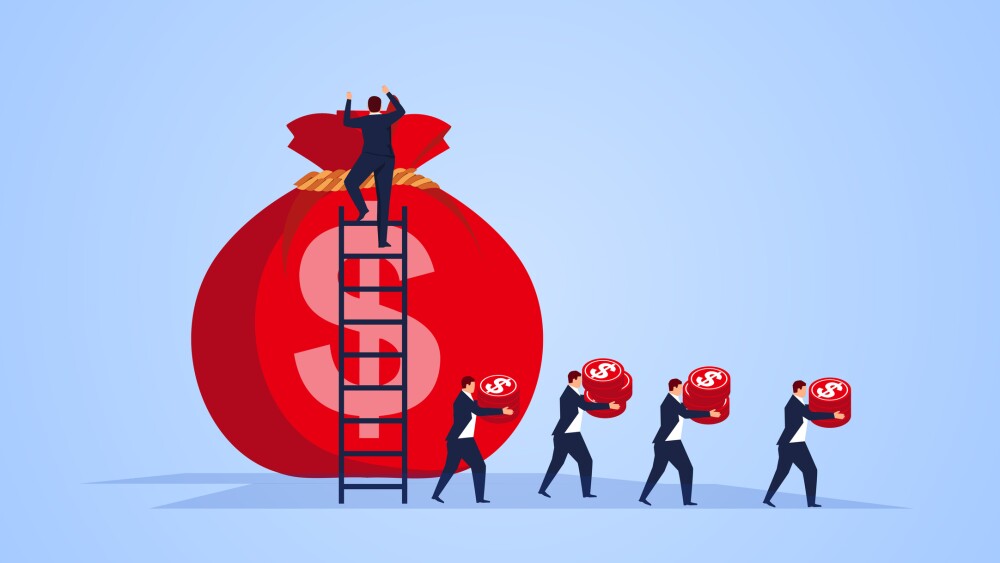 A group of businessmen carry gold coins from a huge purse