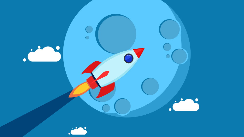 High growth concept. Rocket flies to the moon. vector illustration