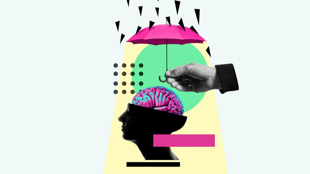 An umbrella protects the human brain from negative influences. Art collage.