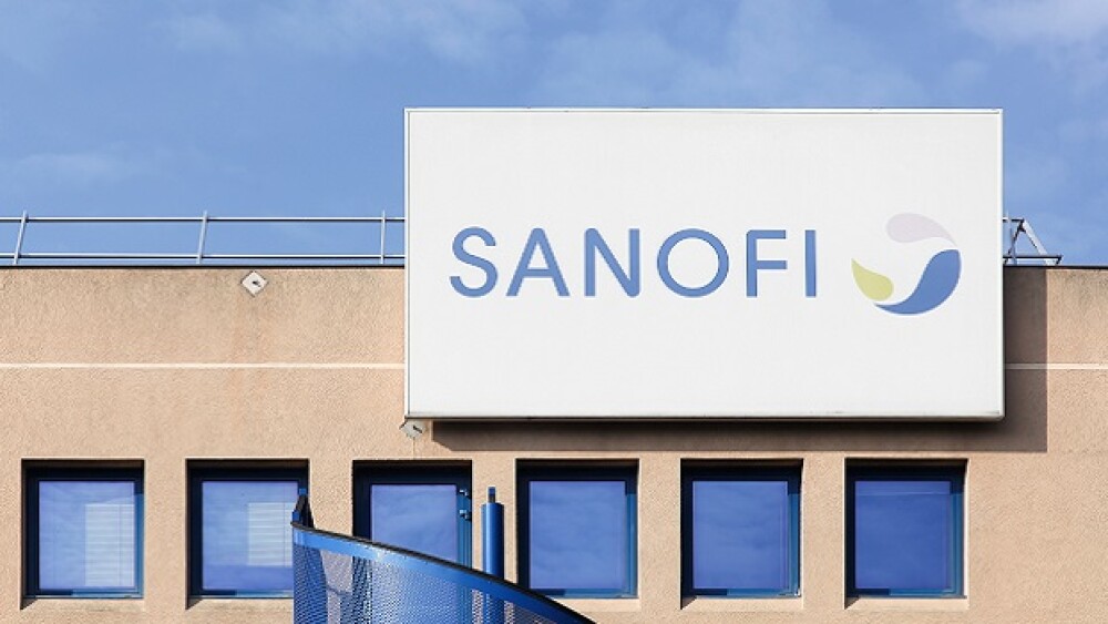 Pictured: Blue and white Sanofi sign on building/R