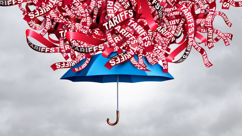 Protection From Tariffs as an An umbrella that shields against import and export tariff taxes as a trade war storm increasing prices and straining supply chains as a business metaphor and a symbol for resilience in times of crisis and economic downturn.
