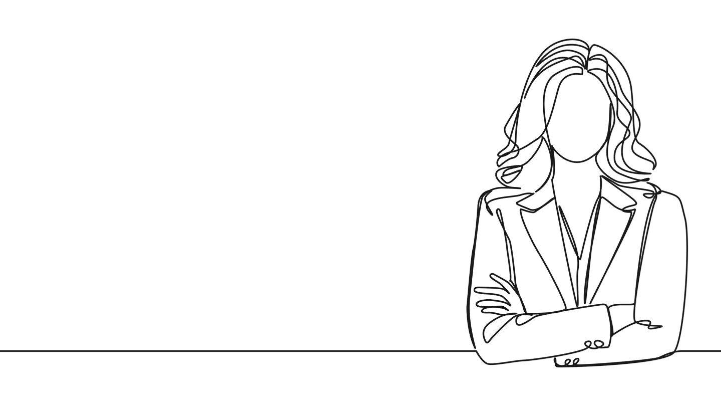 continuous single line drawing of confident woman in business attire, arms crossed, line art vector illustration
