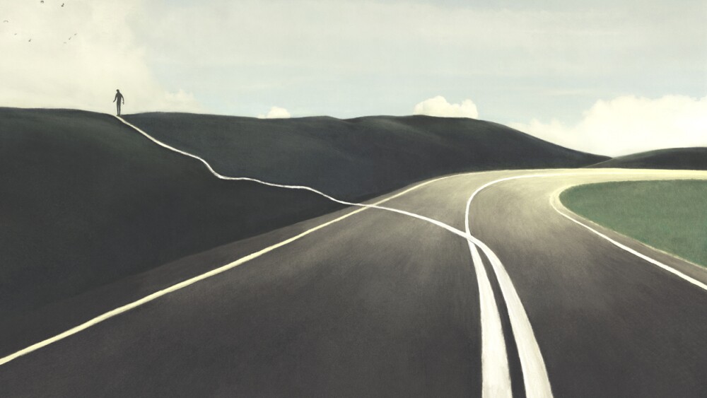 Illustration of man changing direction, surreal abstract choice concept