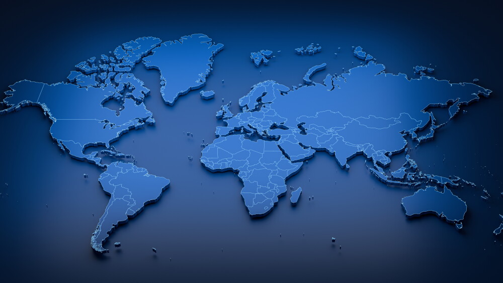 3D rendering of a world map with area outlines. 3D illustration of a world map with country outlines.