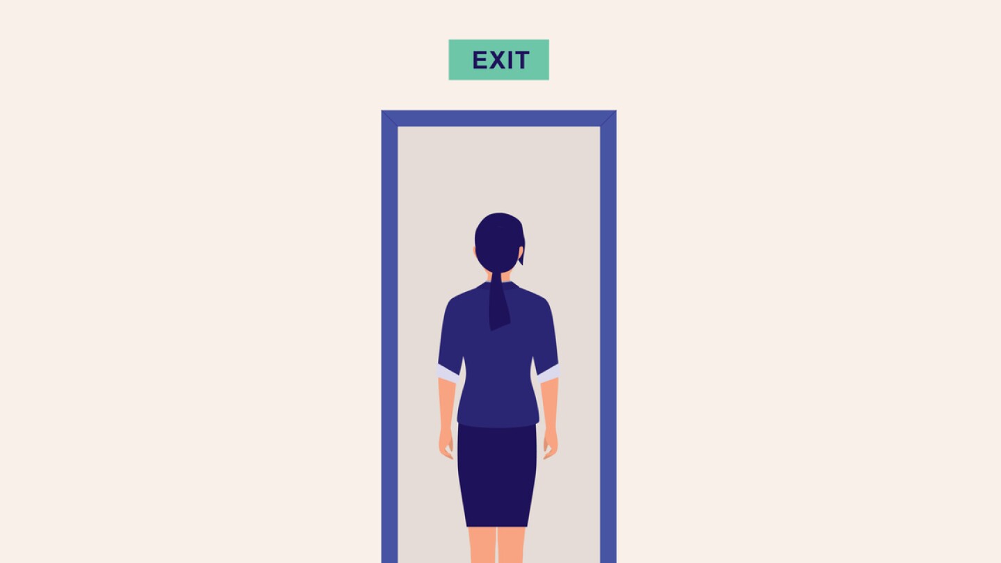 Illustration of young woman standing in front of exit door