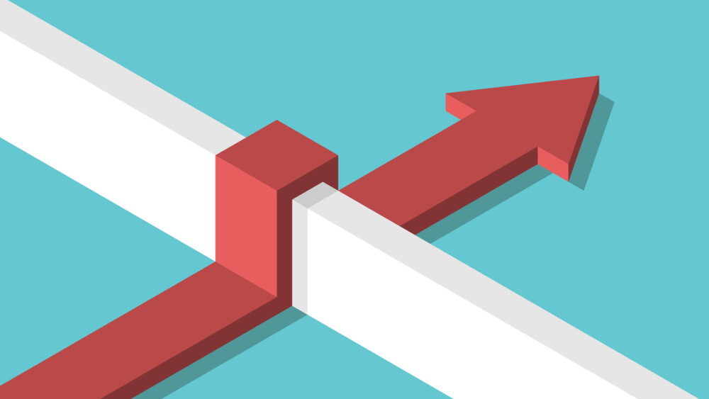 Isometric arrow overcoming above wall on turquoise blue background. 