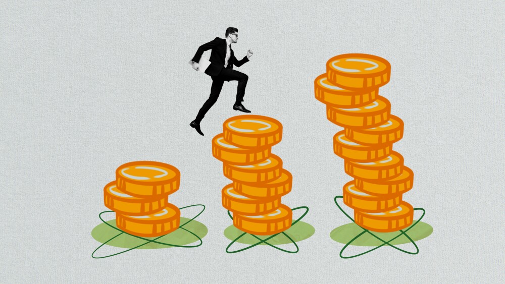 Trend artwork sketch montage 3D collage of young man hold laptop climb up pile coins economy savings cash trade finance career promotion.