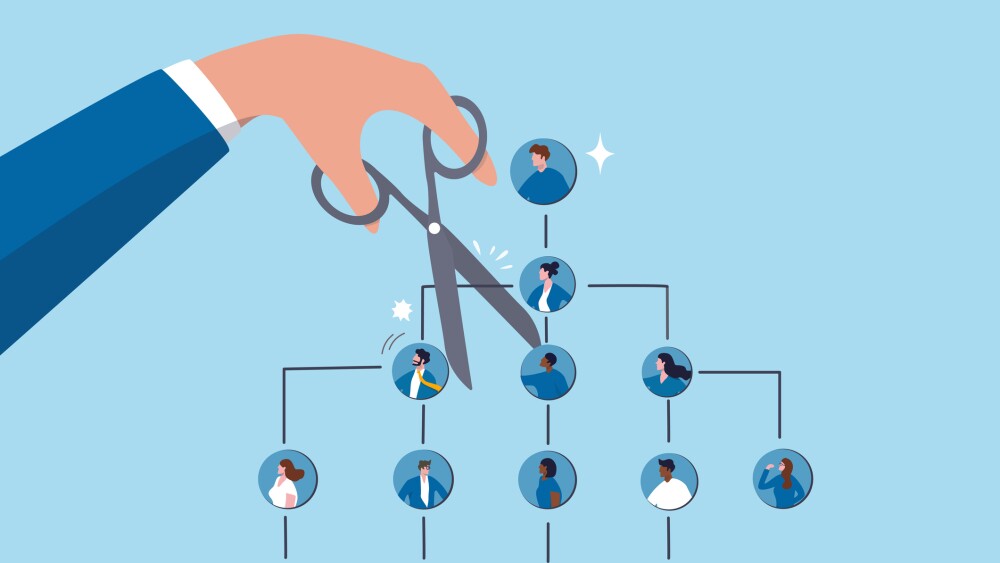 Downsizing or layoff employee, contract termination, loss job from redundancy, dismissal workforce, restructure company, unemployed or outsourcing, businessman hand cut job from organization chart.