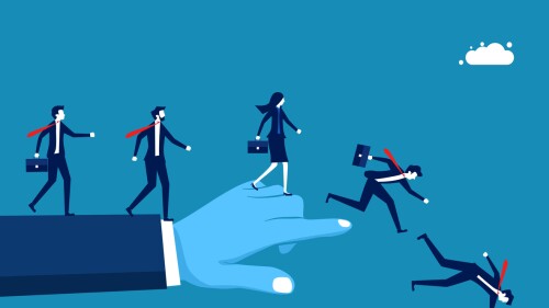 command failed. Business team walk in a line following faulty orders vector