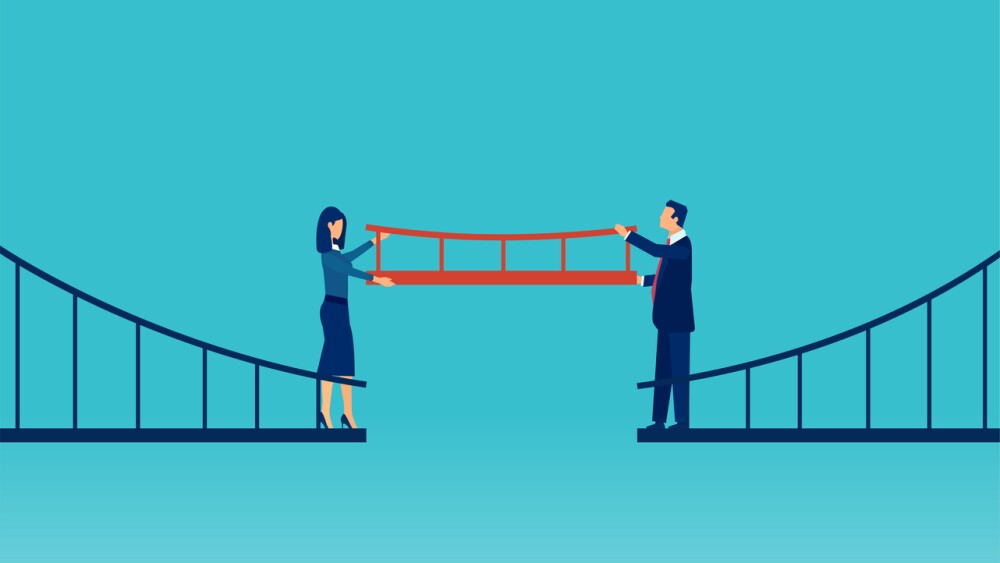 Cooperation concept. Vector of a businessman and a businesswoman connecting the bridge with a missing part