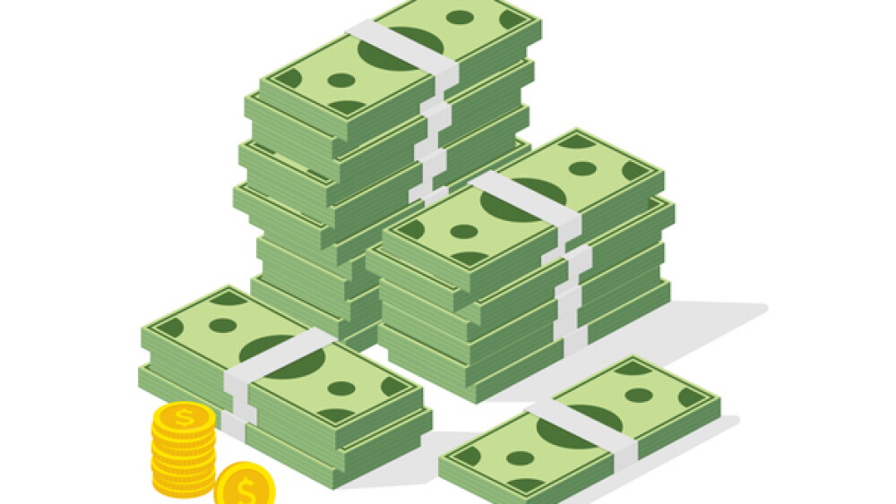 Big pile of cash. Concept of big money. Hundreds of dollars and coins. Vector isometric illustration