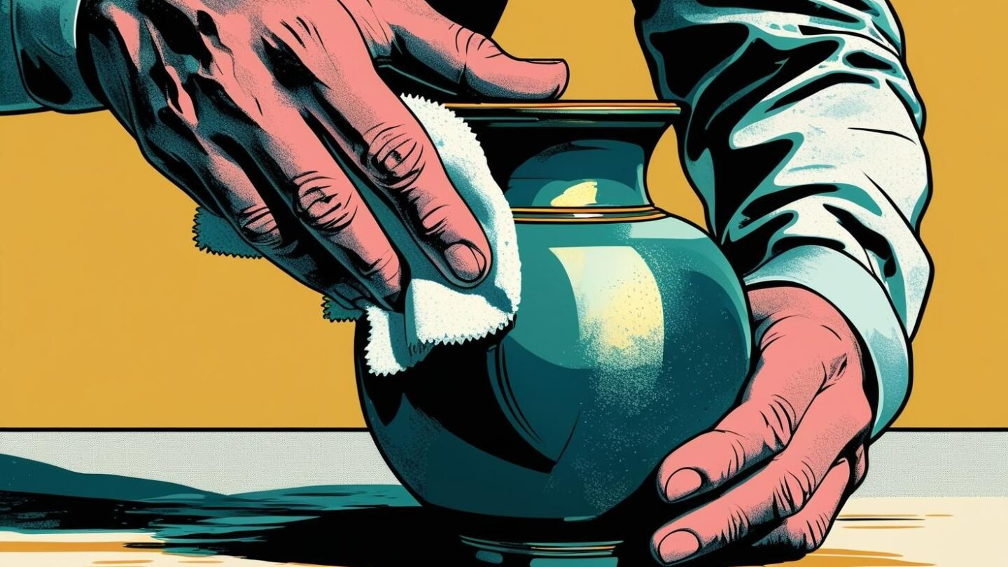 A pop art image of two hands polishing a vase