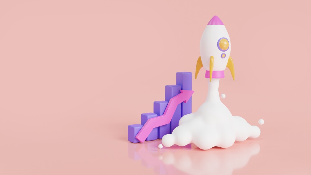 Rocket rising moving up with growthing graph bar. Marketing time, Start up business, Business success strategy, New project. Rocket launch. Business startup concept. 3d minimal render illustration