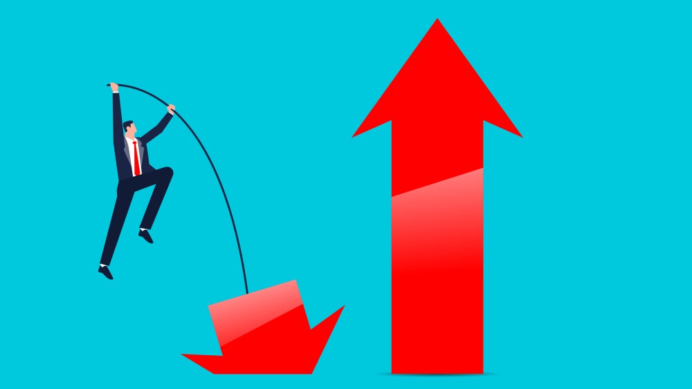 Changing or transforming, turning around, challenging the odds and conquering adversity, a businessman pole vaulting from the down arrow to the up arrow of growth