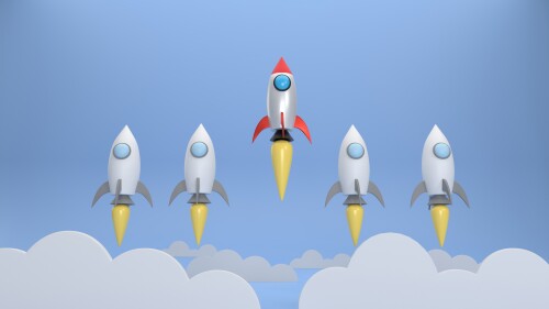 3D. The Red rocket that soars high and different than other rockets. Startup business successful concept.