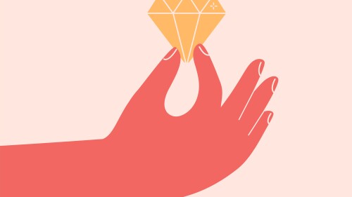 Human hand holds brilliant stone. Big gold Diamond in the arm.Concept of good creative idea or business insight, secret or dream. Vector illustration