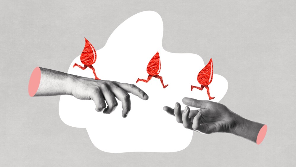 Blood transfusion from person to person, art collage.