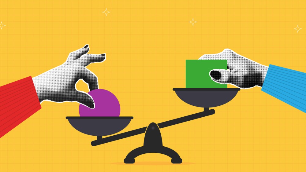 Illustration showing two hands holding objects on scales