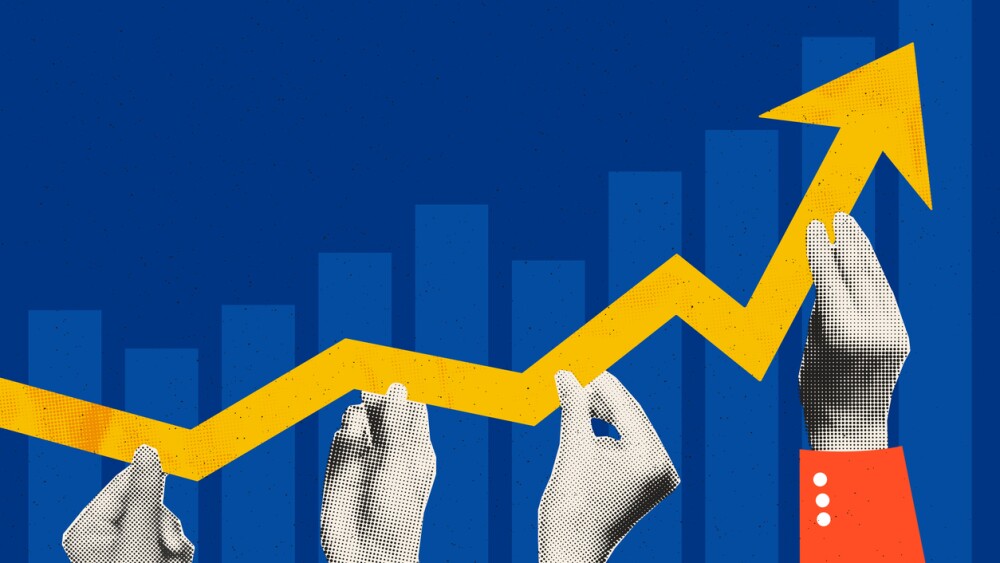 Illustration showing hands holding arrow that goes up and down a few times and ends up in upward direction