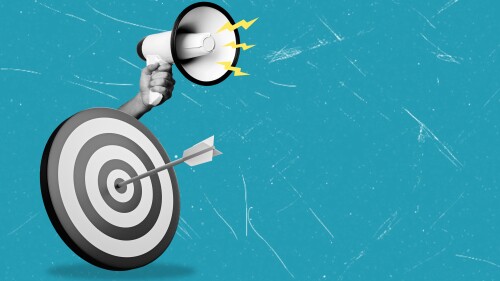 Contemporary art collage of target and hands with the megaphone on a ue background with copy space. Concept of reaching a goal and spreading.