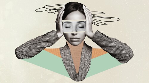 Creative artwork strange collage of woman touch head suffer terrible tension ache.