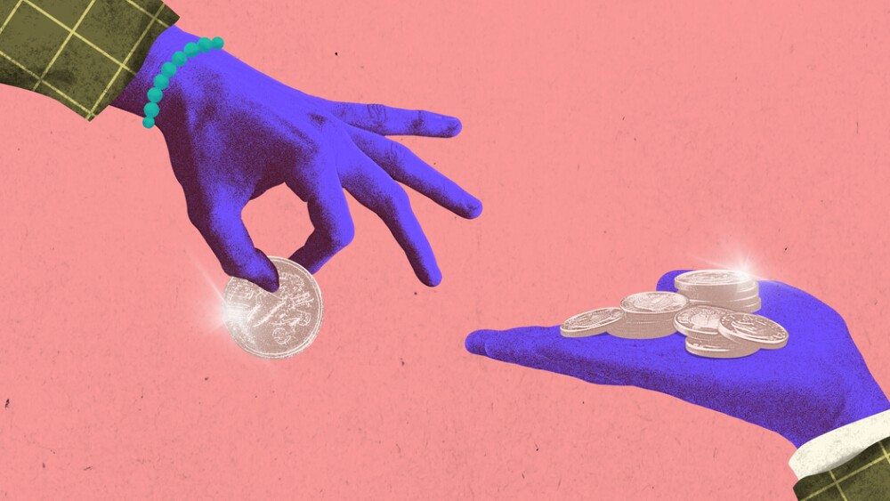 Banner. Contemporary art collage. Charity or alms. Person handing single coin to another person. Grainy fabric effect. Concept of business, financial literacy, debts, banking, salary. Ad