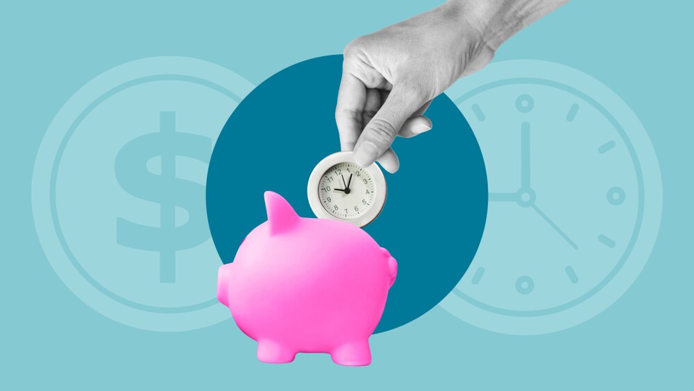 Time to earn. Time is money. Time Management. The hand is putting the clock as coin to piggy bank.