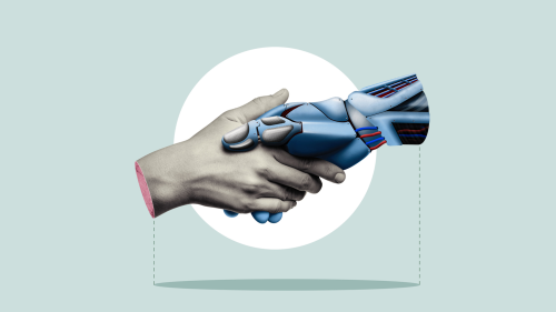 A human hand and a robot hand shake hands over a white circle on a green background