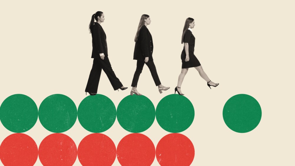 Three women, employees walking forward on red and green dots Conceptual creative design. Coordinated approach to achieve goals and overcome obstacles. Concept of business, progress, risk, promotion