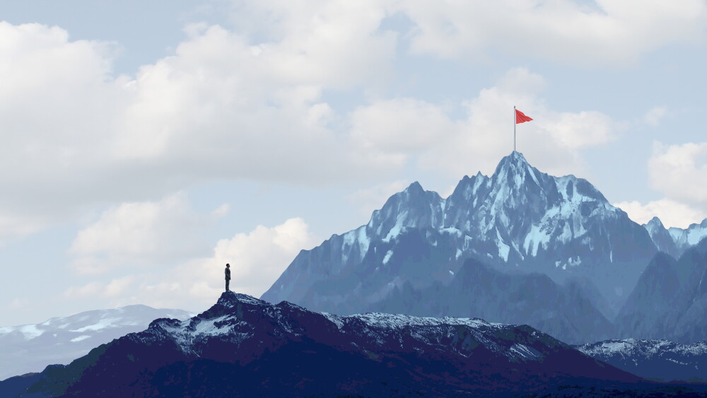 Business success challenge and climbing a high mountain metaphor as a businessman with a goal of retreiving a red flag from the peak or summit with 3D illustration elements.