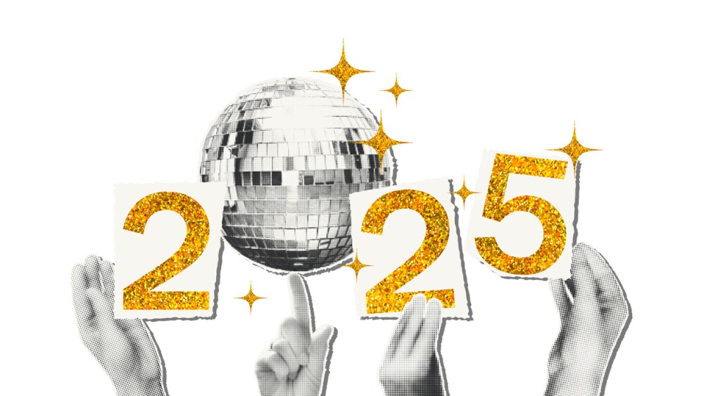 2025 New year art collage trendy sticker or banner template isolated on transparent background. Halftone hands holding disco ball and cut out gold glitter numbers. Modern retro vector illustration