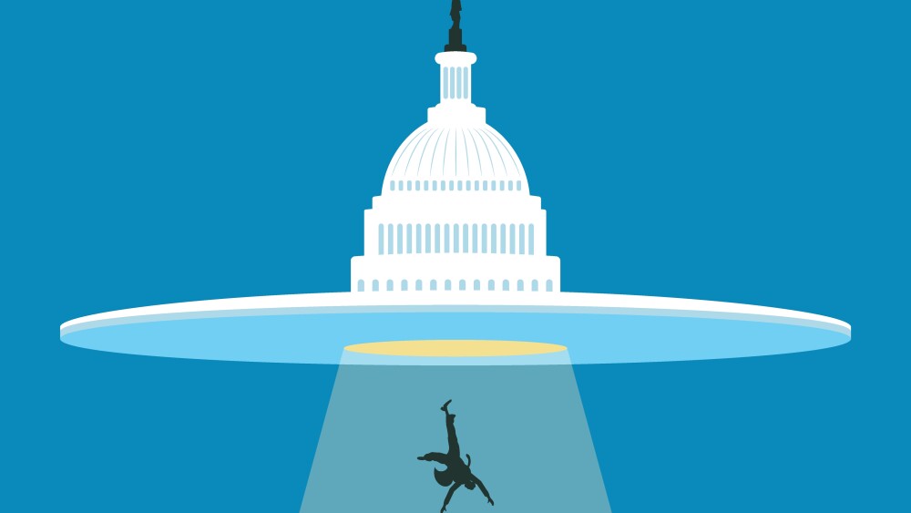 UFO looking like White house abducting a man. Conspiracy theory, paranoia afunny concept.Vector illustration.