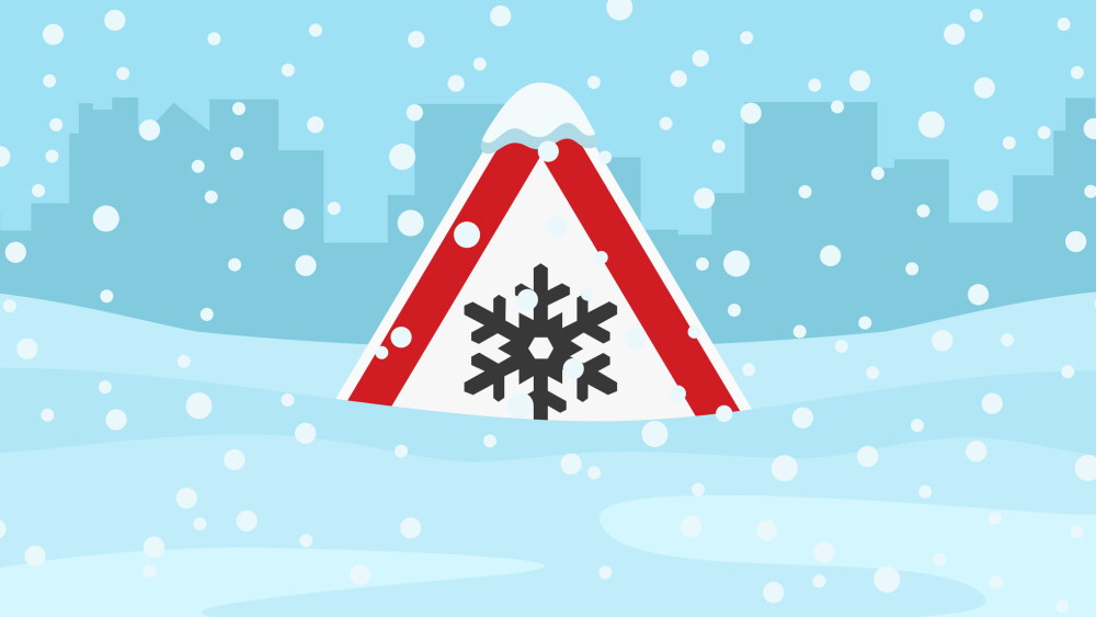 Winter season driving tips and traffic regulation rules. Heavy snow covered "snow and ice" road sign. Close-up view. Flat vector illustration template.