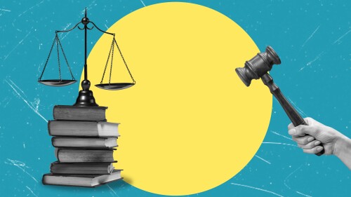 Creative photo collage or modern art collage featuring symbols of law and justice. Hand holding a gavel and scales of justice with books about law.