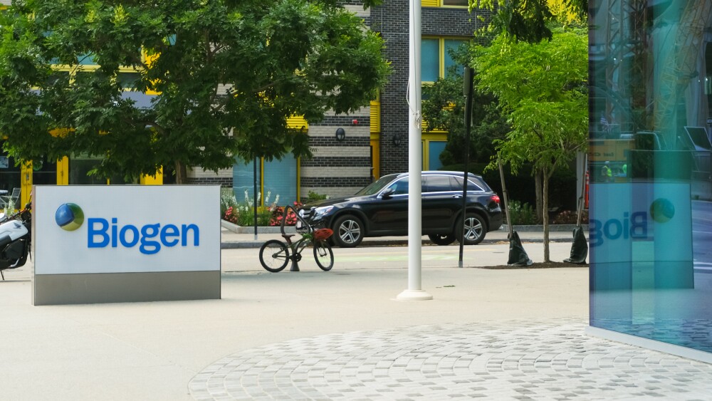 Cambridge, USA - 26 July 2024. View of leading global biotechnology company Biogen office exterior banner logo sign, Biotech industry