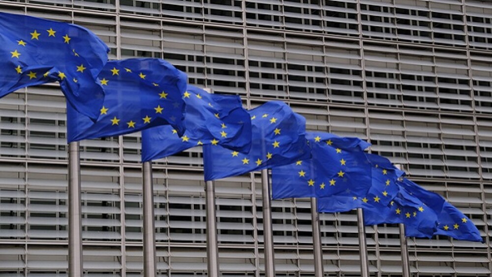 Pictured: European flags flap in the wind outside