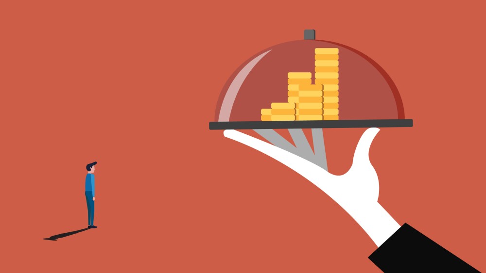 Professional hand serving growing financial bar chart on a silver platter to a businessman illustrating wealth management success and strategic investment growth opportunities