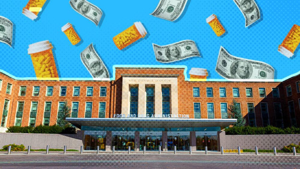 Pictured: FDA headquarters with money and pill bottles