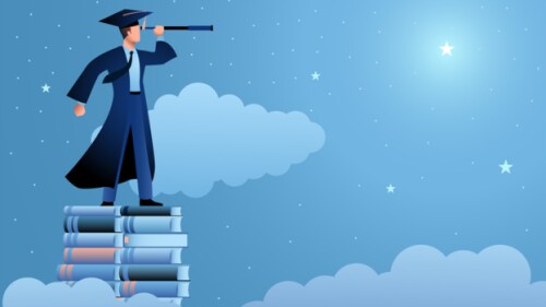 Illustration of a man in a graduation gown looking