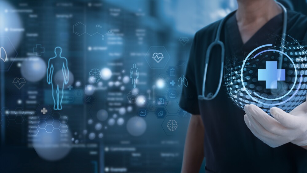 Medical technology. Doctor holding health icon with dna, electronic medical record. Digital healthcare and research with global network connection on hologram virtual screen, insurance, digital health technology