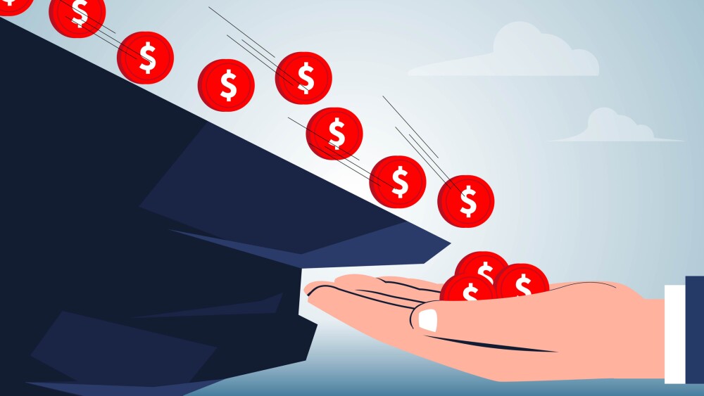 Recovering losses, effective economic measures to help alleviate inflation or economic crisis resulting in the collapse of the business economy or stock market, helping hands to catch gold coins rolling down a tilted cliff