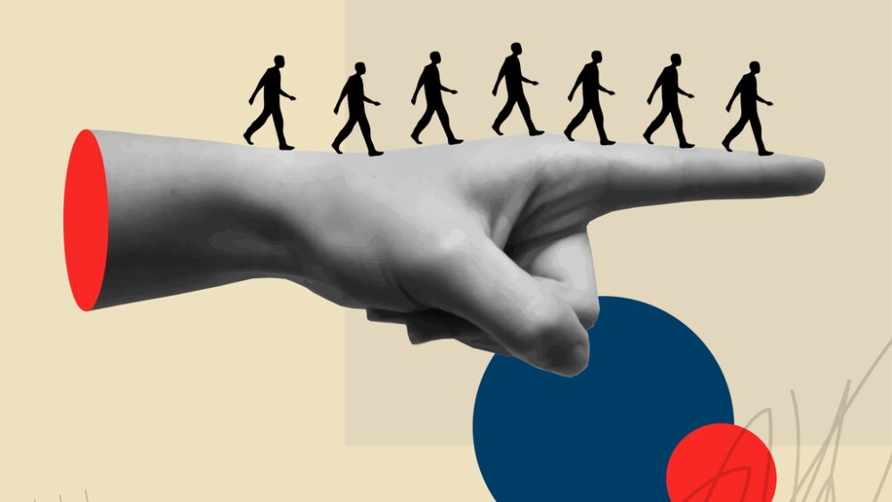 Illustration of people being let go with hand showing them to door