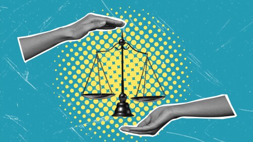 Art collage, hands and scales of justice. The concept of the law of the judge.