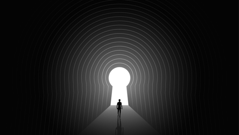 Escape or finding a way or destiny or solving life problems psychologic concept with human silhouette walking through the dark tunnel to the light at the end of the tunnel. Vector eps 10 illustration