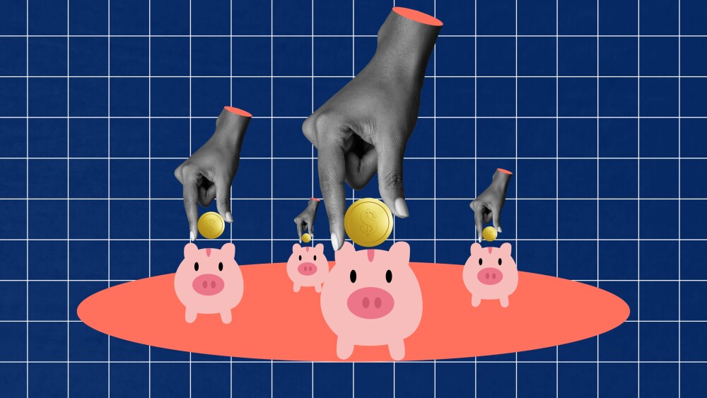 Retro 3d magazine collage image of arms collecting coins piggy money box isolated checkered blue color background.