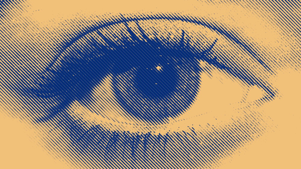 Blue and yellow halftone eye of a beautiful girl.