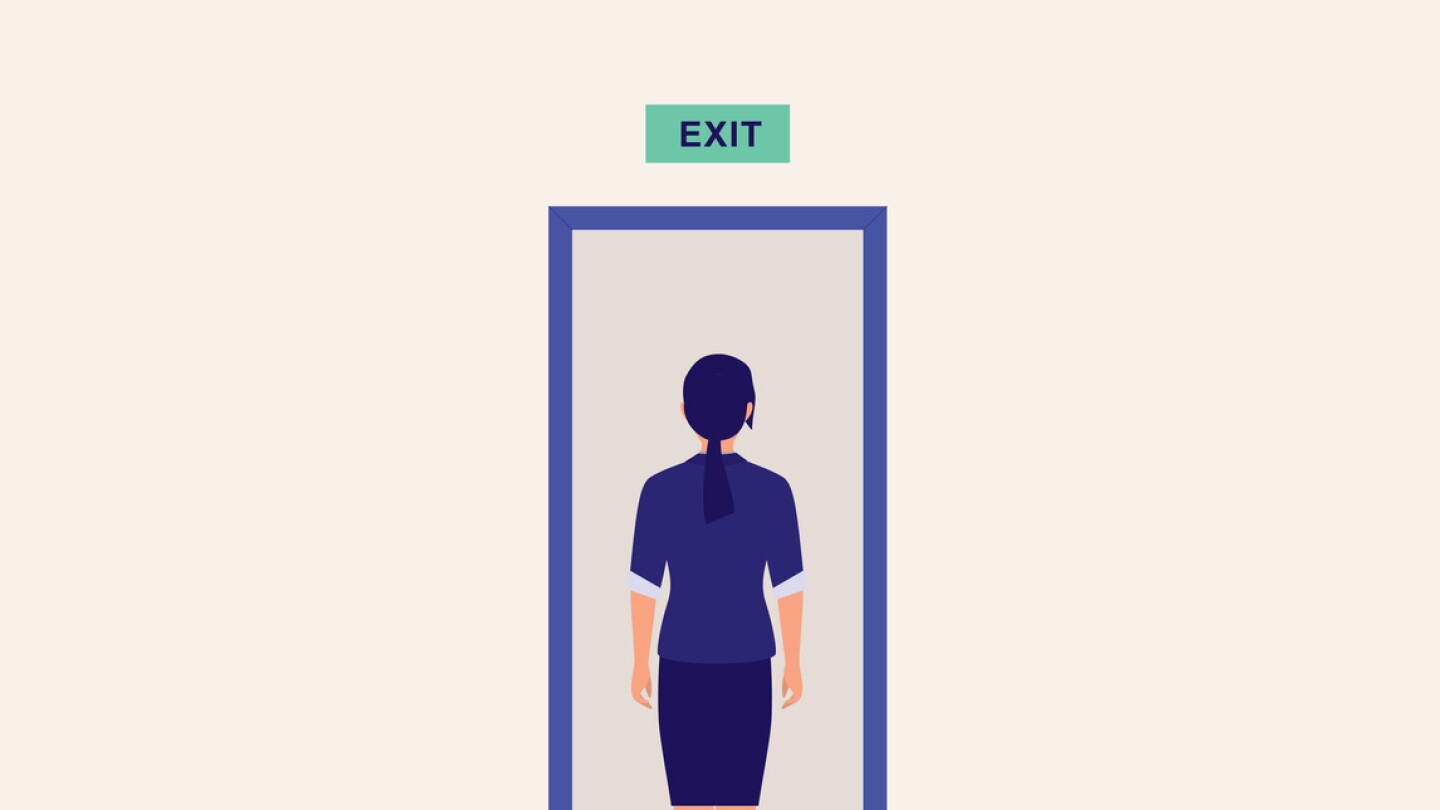 Young Woman Standing In Front Of Exit Door. Full Length, Vector, Illustration, Flat Design, Character.