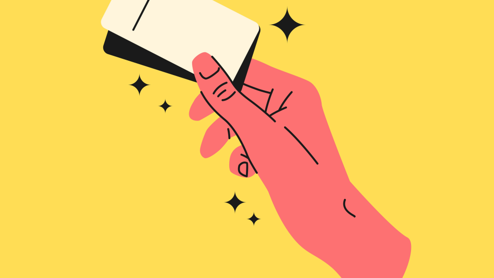 Buying tickets. The hands of the person holding the tickets. Isolated illustration on a yellow background. Template for the design. Trending vector graphics.